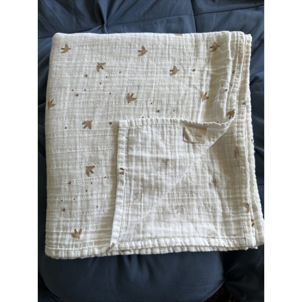 Mushie Baby Blanket Sparrows Birds Swaddle Muslin  Organic Cotton 45x48 Inches